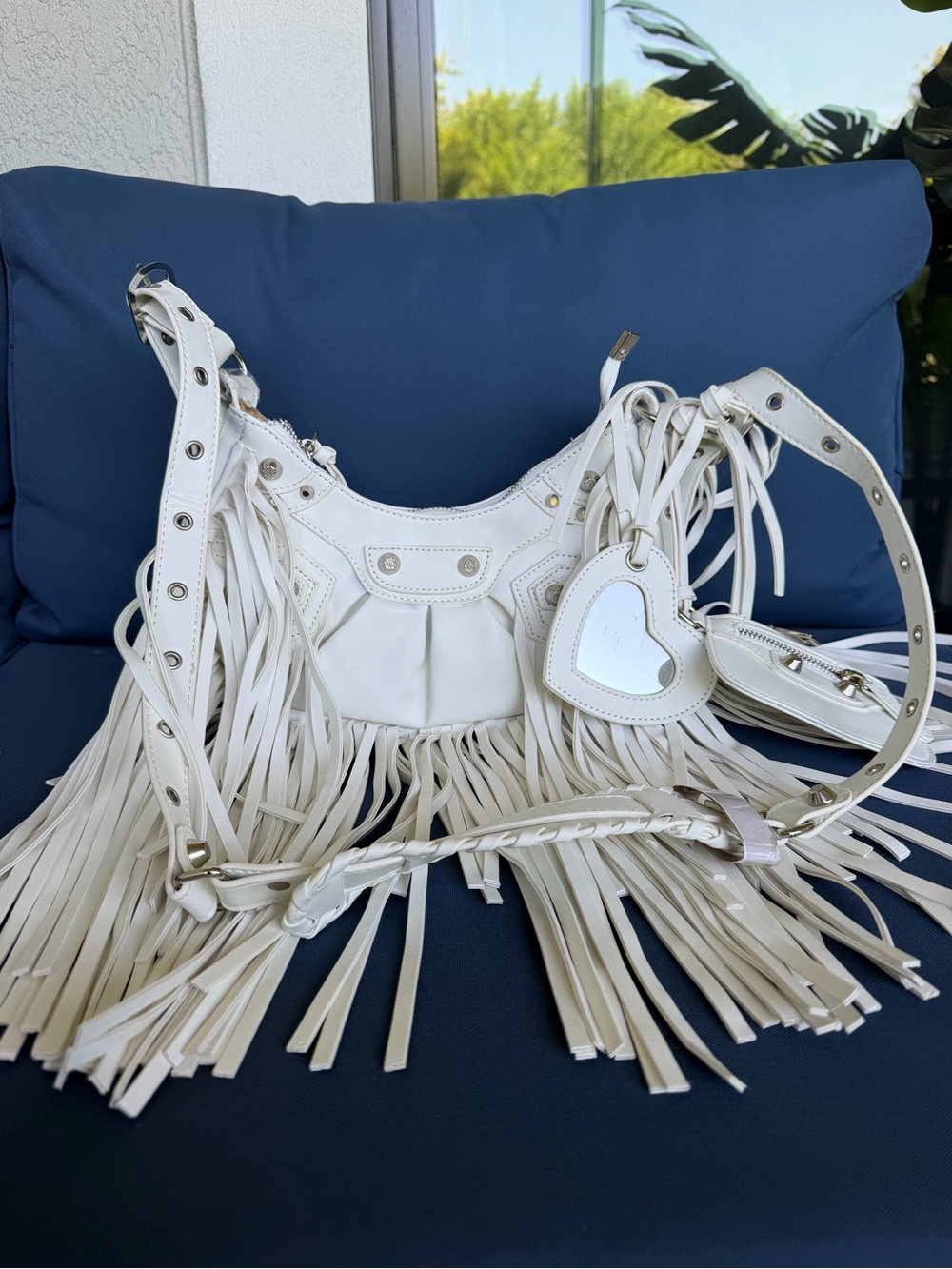 White Fringe Crossbody Bag with Mirror Heart Charm and Pouch